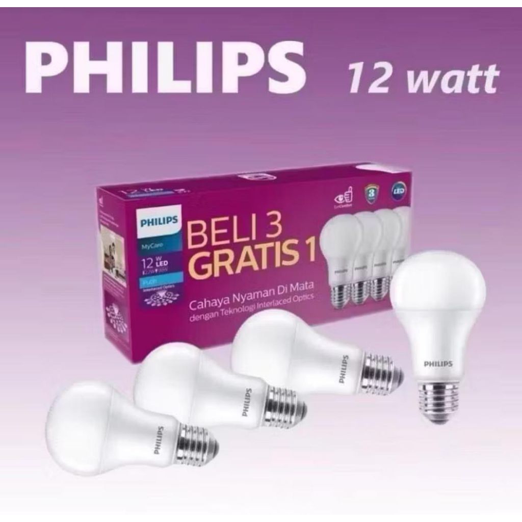 (Paket Beli 3 gratis 1)Lampu LED Philip Paket 12Watt Multipack Lampu led rumah Led Putih Bulb 6500K