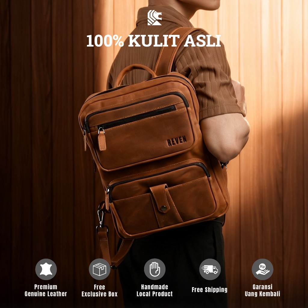 Reven Osiris Tas Punggung Ransel Backpack Pria Kulit Sapi Asli Branded Muat Laptop Hiking Premium