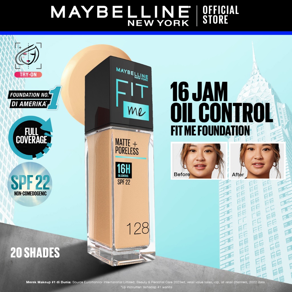 MAYBELLINE OFFICIAL Fit Me Matte + Poreless Liquid Foundation Make Up 30ml SPF 22 Makeup Ringan High