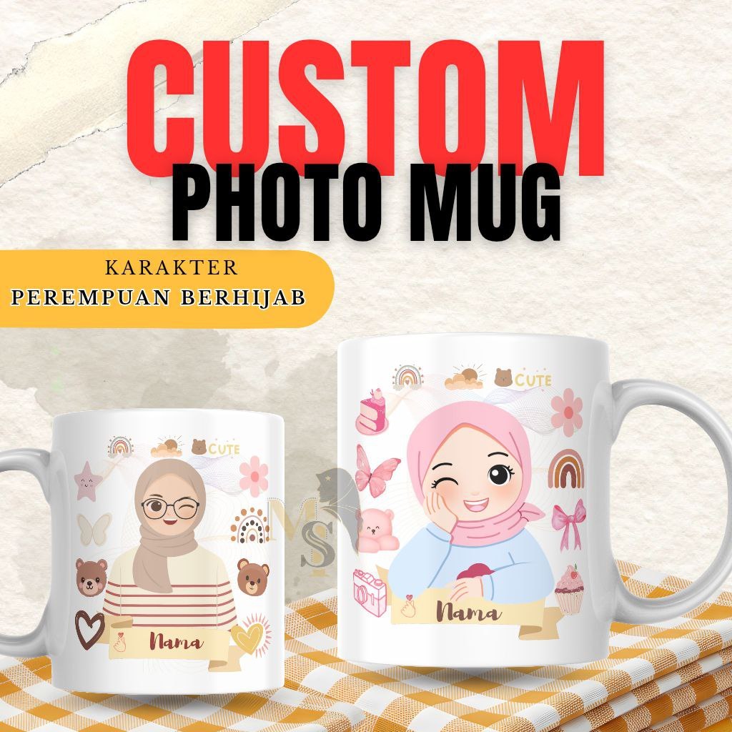 Custom Mug KARAKTER BERHIJAB | CUSTOM NAMA  | Mug Custom Free Desain | Mug Hadiah Souvenir | Mug Wis