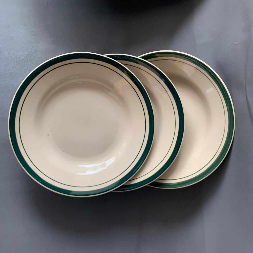 1 Lusin Piring Keramik List Hijau Simpel - Piring Bulat List lucky - Piring Makan