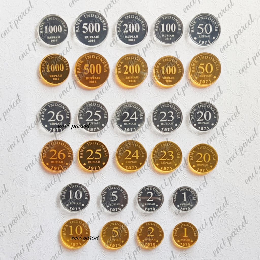 uang mainan replika koin 1 2 5 10 50 100 200 rupiah hiasan mahar akrilik silver