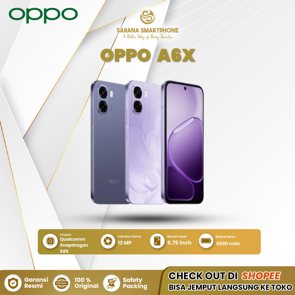 OPPO A6x (4+4/64GB) (4+4/128GB) (6+6/128GB) (6+6/256GB)  Harga 1 Jutaan • Layar HD+ • Kamera AI • Ba