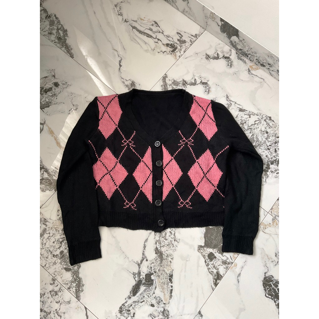 Cardigan rajut hitam pink premium preloved