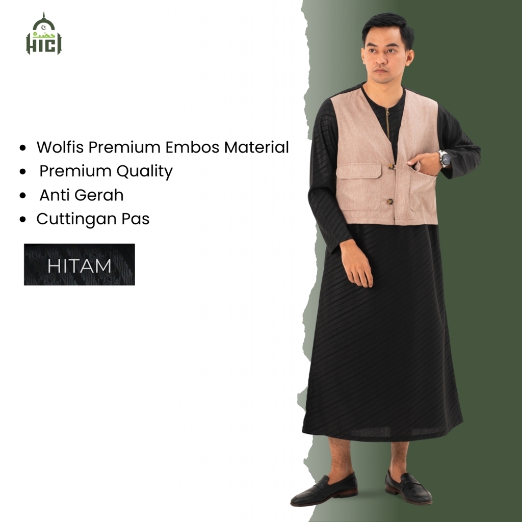 Hici Gamis Rompi Pria Remaja Dewasa Jubah Slimfit Lengan Panjang Bahan Wolfis Embos Batik
