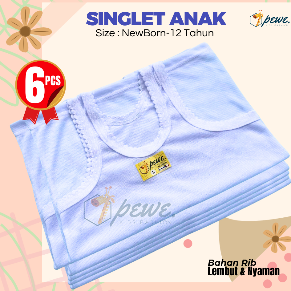6 Pcs Kaos dalam Warna Putih katun - singlet anak usia 1 tahun -10 tahun - Kaos dalam anak singlet- 