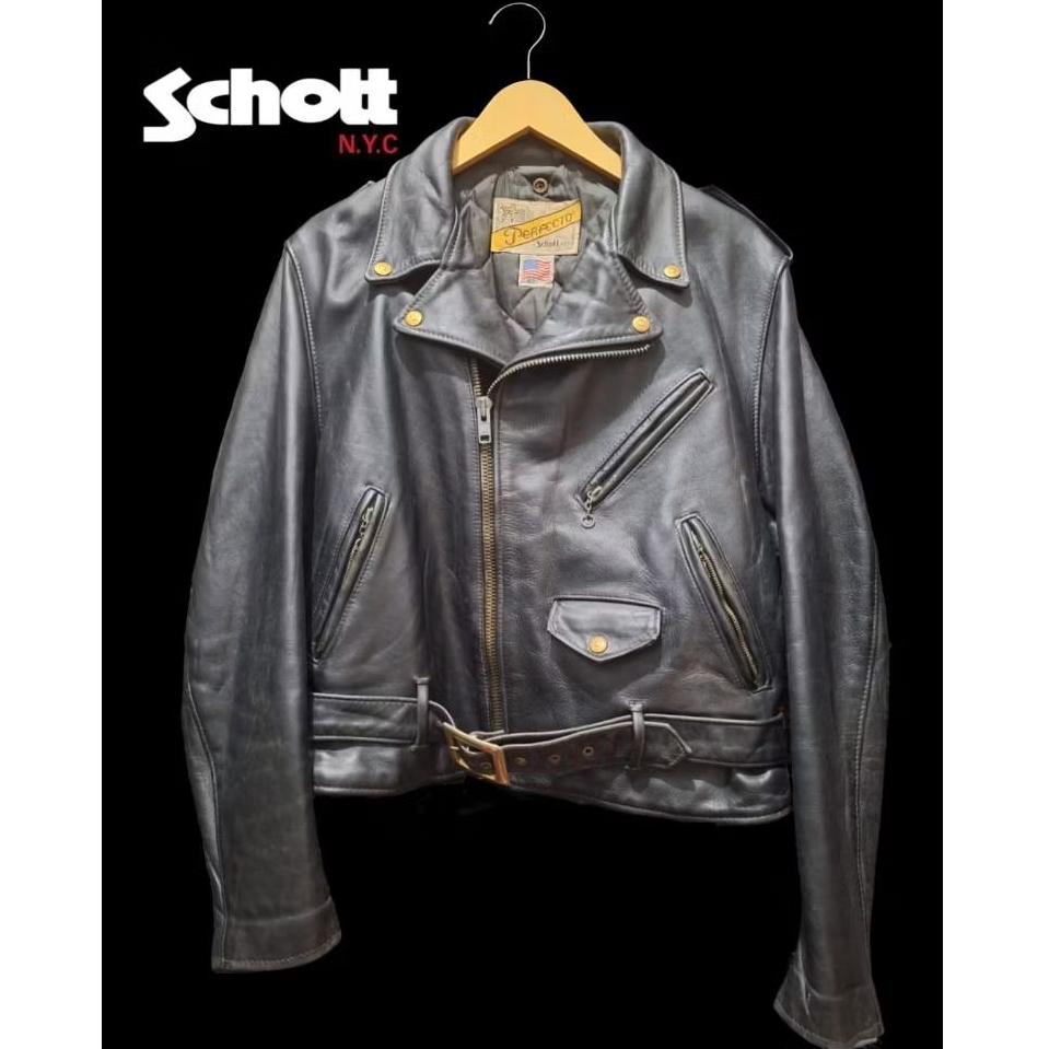 Vtg 80s Schott NYC 618 Perfecto Gold Big Size 42 Doublebreasted Motorcycle Leather Biker Jacket X Ja