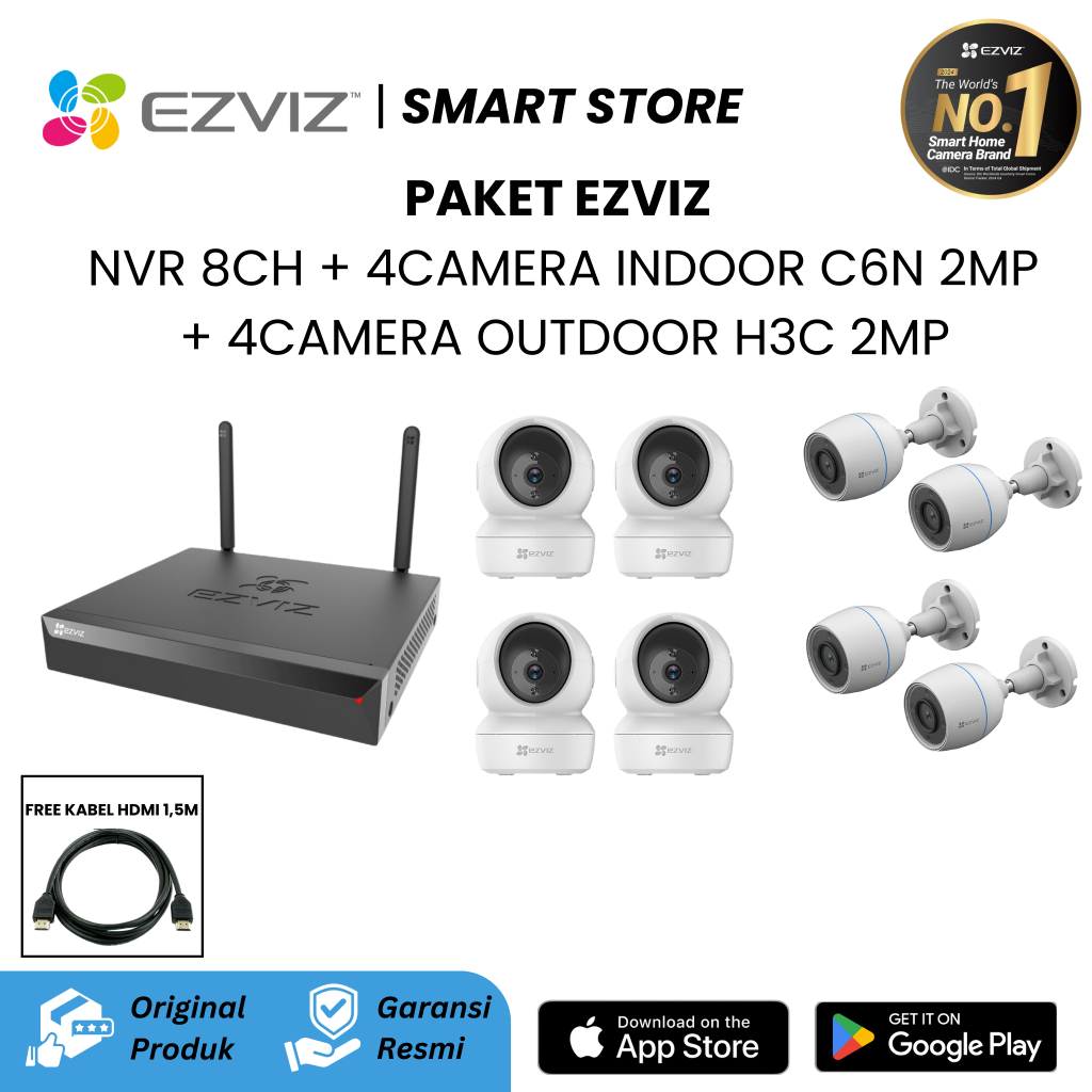 EZVIZ PAKET CCTV NVR 8CH + 4CAMERA INDOOR C6N 2MP + 4CAMERA OUTDOOR H3C 2MP