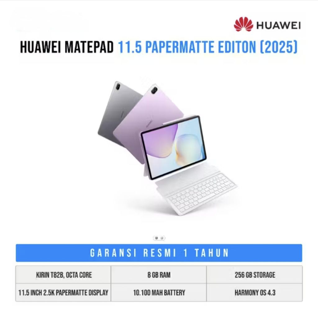 Huawei MatePad 11.5 Inch 2025 Tablet WPS Office 2.0 Layar Papermatte 10.100mAh 40W Super Charge RAM 
