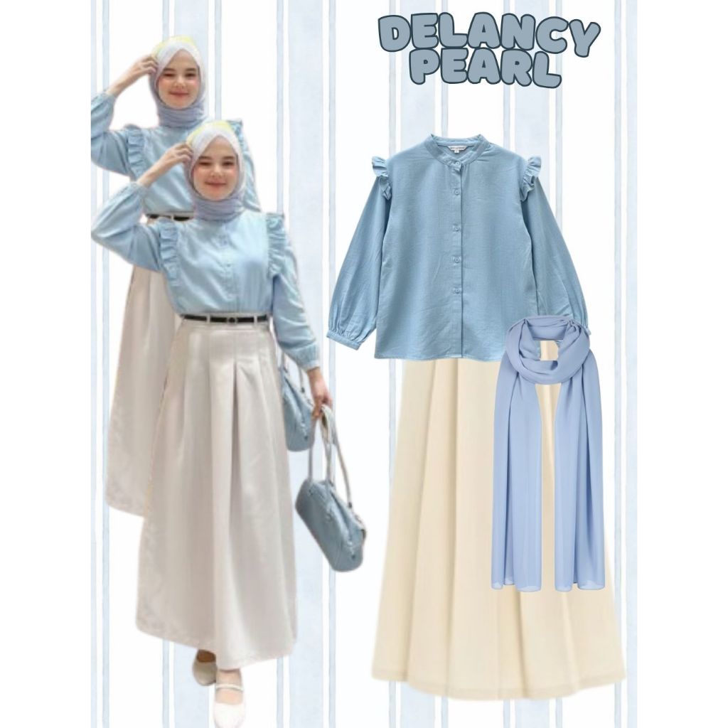 Baju Lebaran 2026 Wanita | Blouse Ruffle + Rok Midi + Hijab | Outfit Cewek Hijab | Setelan Remaja Ke