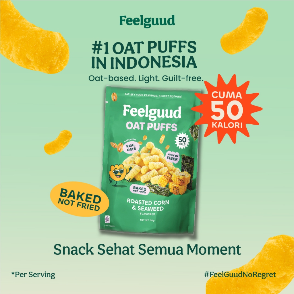 Feelguud Snack Sehat - Rumput Laut & Jagung Bakar- Rendah Kalori Tinggi Serat - Oat Puff - Jajanan S