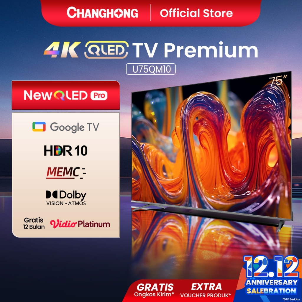 Changhong QLED TV 4K 75 inch Google Smart QLED PRO Digital TV Dolby Audio DBX-TV Google Play Netflix