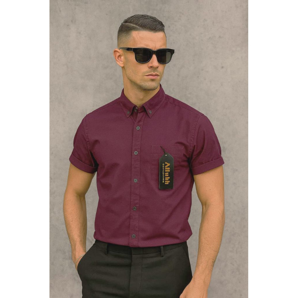 Kemeja Polos pendek cowok pria warna Ungu Burgundi original & murah