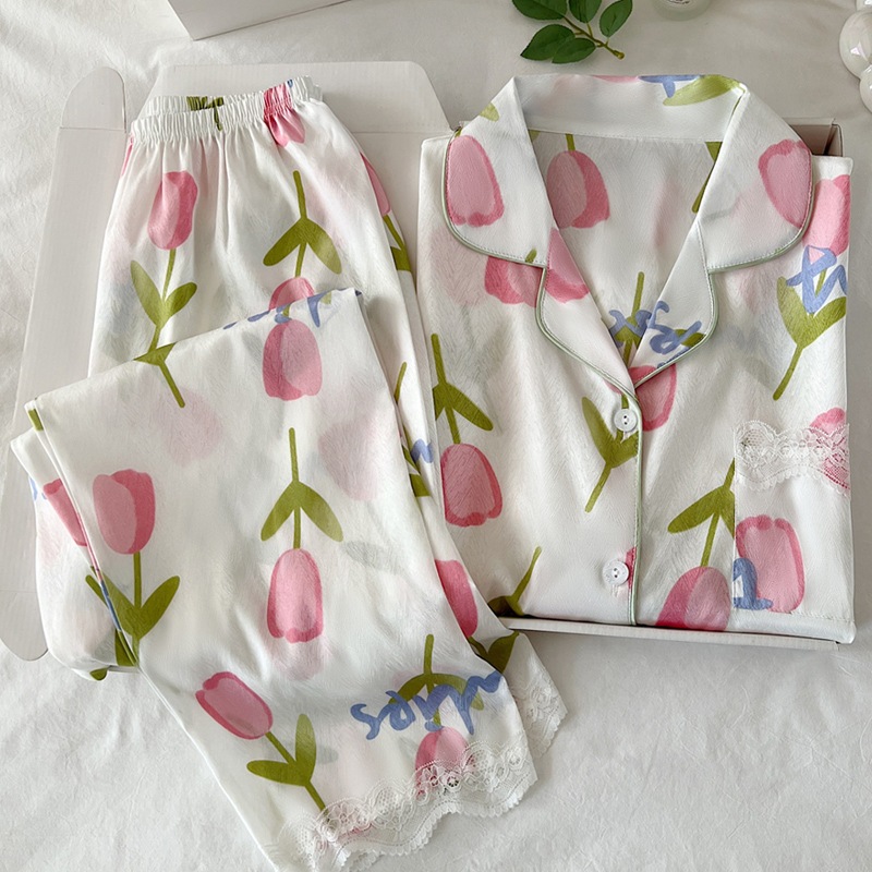 [Lavarda Store] VZ151 - Piyama Satin CP Baju Lengan Pendek Celana Panjang Bunga Tulip Renda Premium 