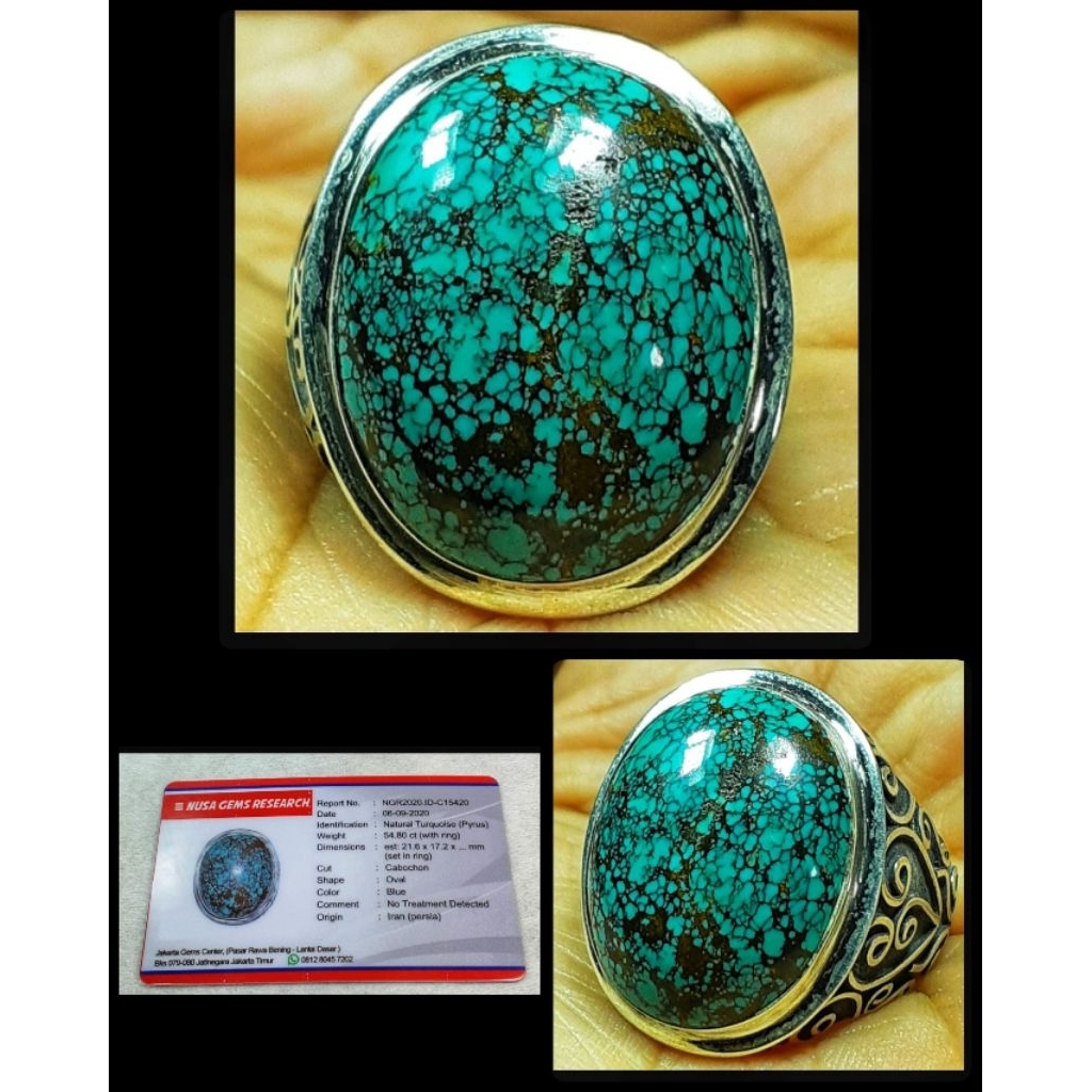 batu pirus Persia jumbo ceplok kuro + perak silver ukiran