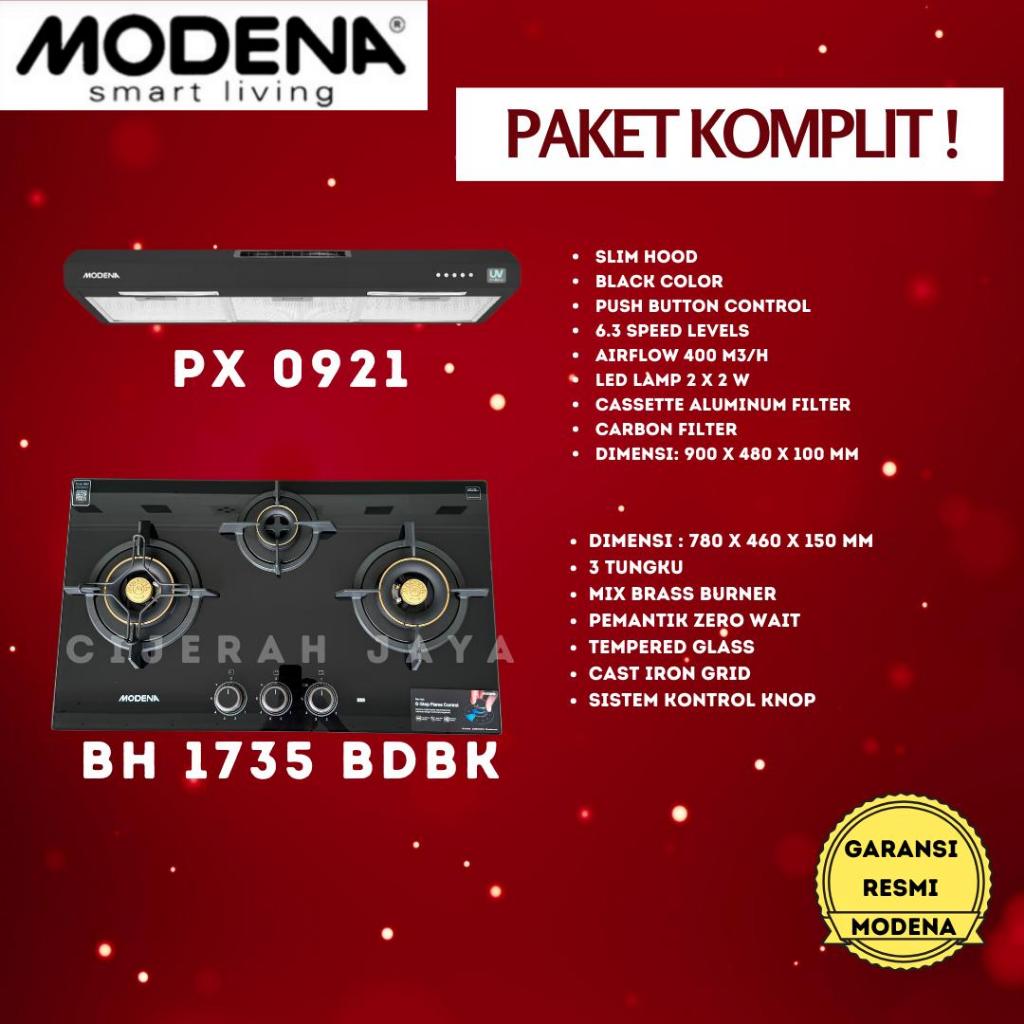 PAKET MODENA KOMPOR TANAM GAS 3 TUNGKU BH 1735 + COOKERHOOD MODENA PX 0611