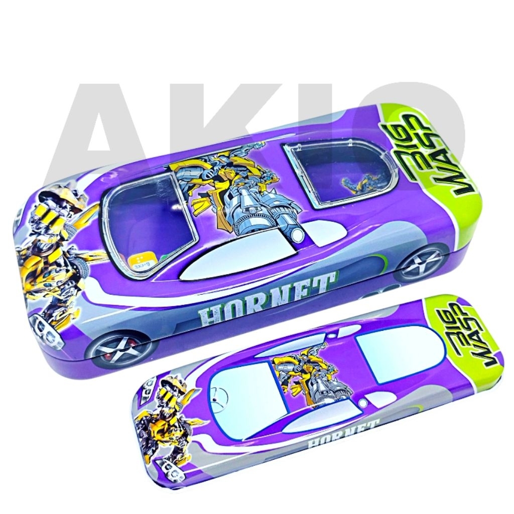 Tempat Pensil Anak Karakter ROBOT TRANSFORMERS B-680 2 Susun Tingkat + Mobil Besar Kecil Kaleng Besi