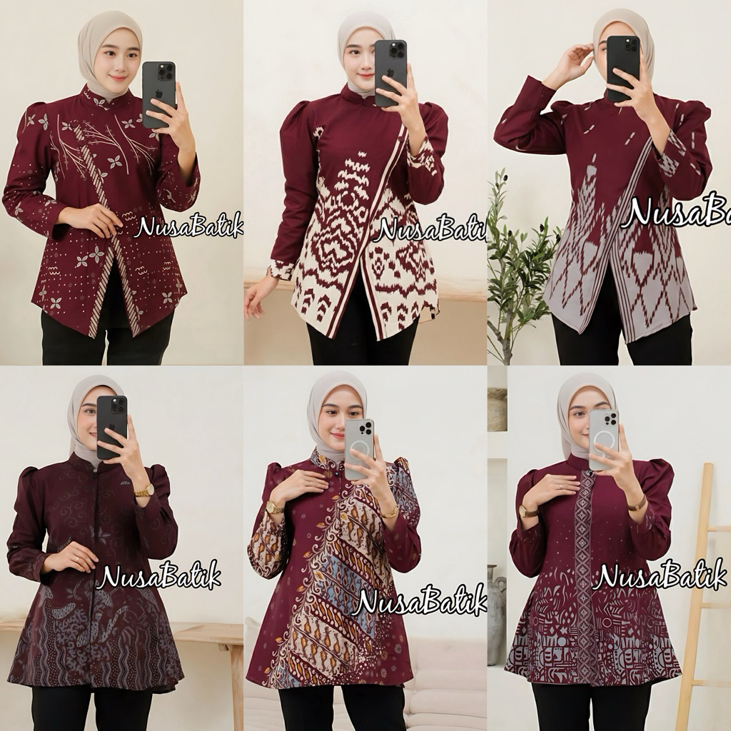 ATASAN BATIK WANITA SPESIAL WARNA MERAH/MAROON RED SERIES BAJU BATIK KANTOR WANITA BATIK NEW BLUS SE