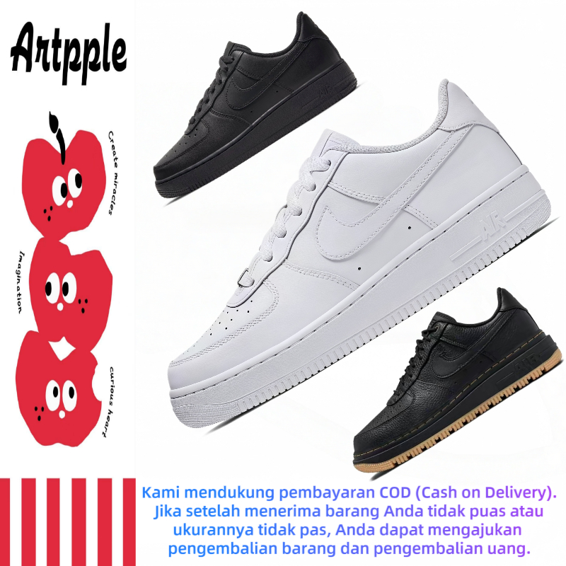 Nike Air Force 1, bahan kulit, nyaman dan serbaguna, sepatu skateboard low-cut, warna Hitam Mati (Bl