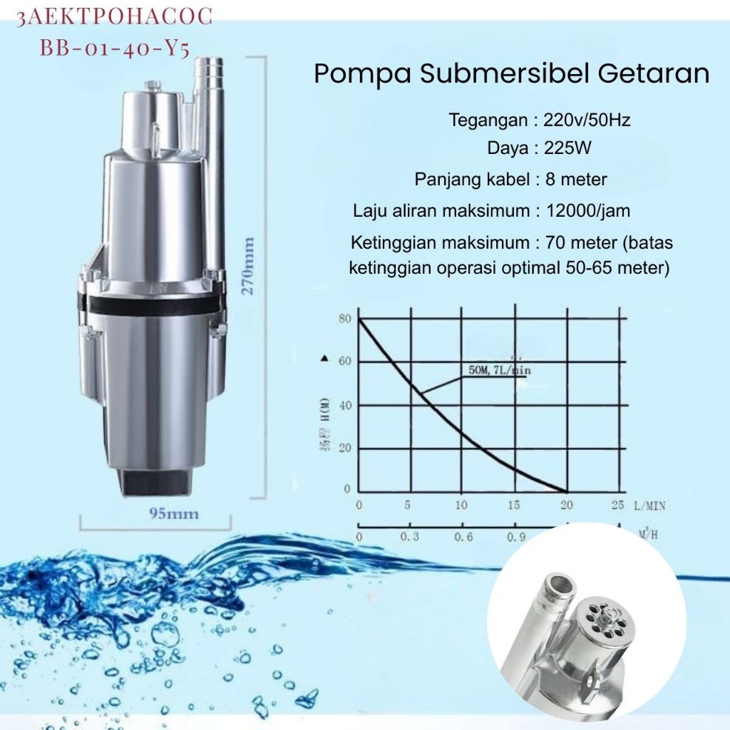 Pompa Air AC 220V Submersibel Vibratory 70 m Getar untuk Sumur Dalam Bertekanan Tinggi BB-01-40-Y5