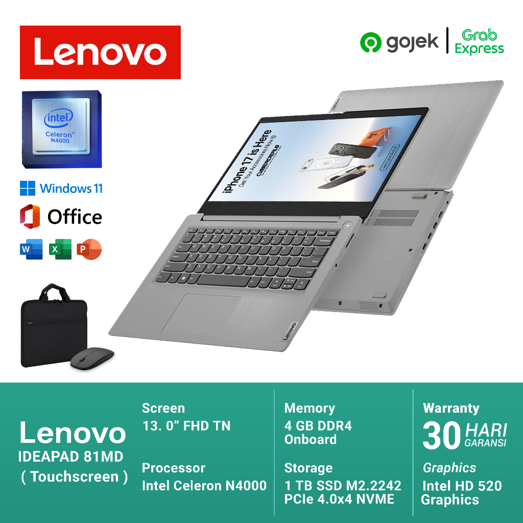Lenovo Ideapad D330 Touchscreen Intel Celeron N4000 Ram 4gb Ssd 64gb | 11 inch | Bonus Tas Mouse