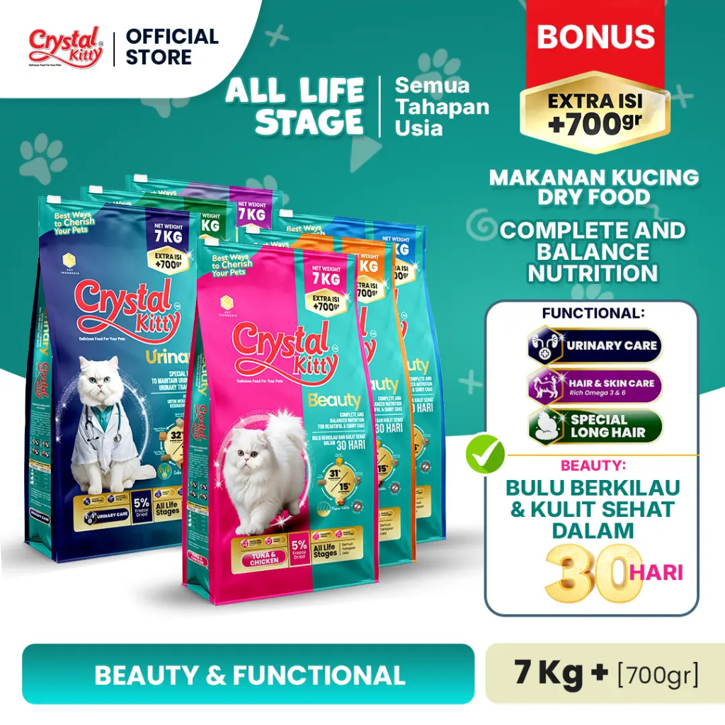 Crystal Kitty Hair & Skin Urinary Persian Beauty Cat Food 7Kg + Extra 700gr Premium Cat Food