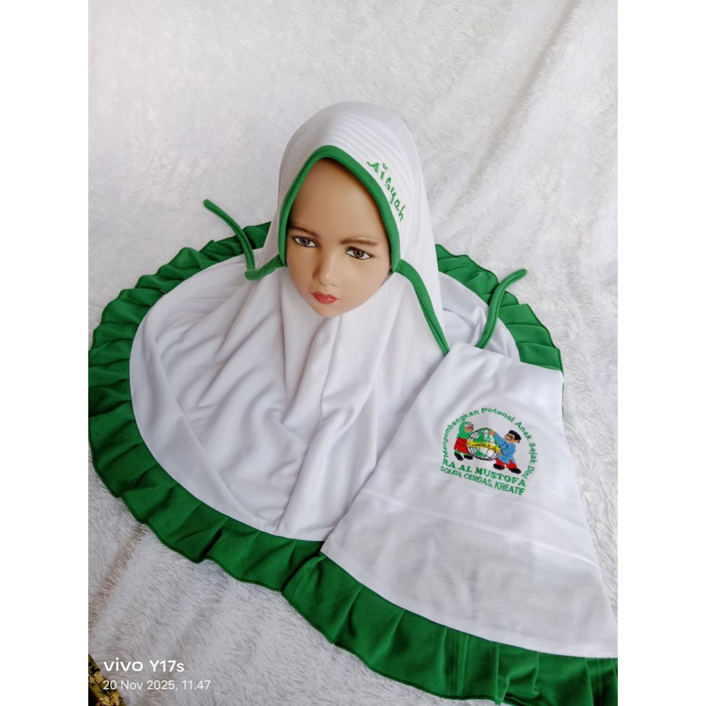 Jilbab sekolah SD#Mi#TK#Paud#bordir nama anak#bordir nama sekolah dan logo(JS LOGO)