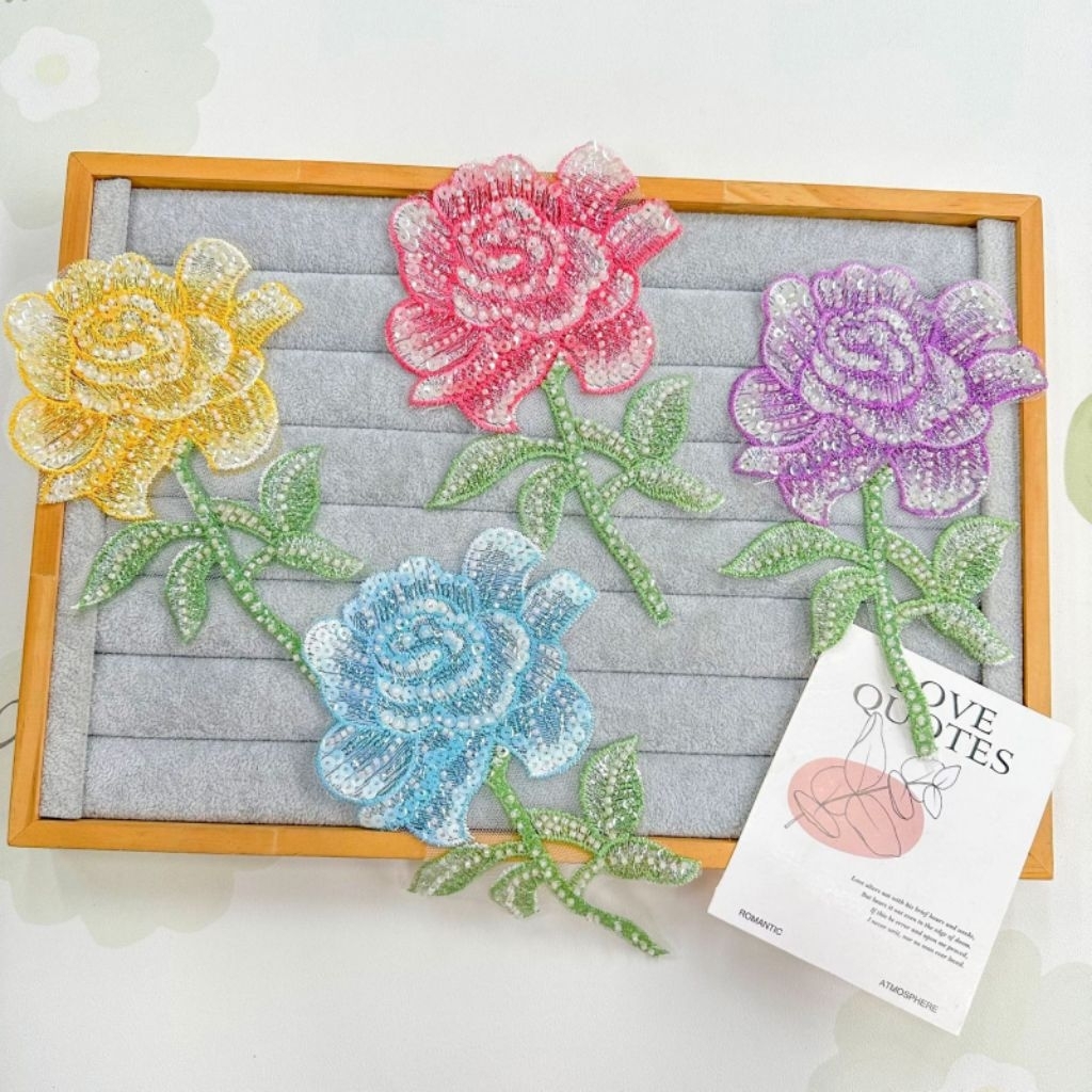 bordir rose payet, aplikasi bordir mawar payet