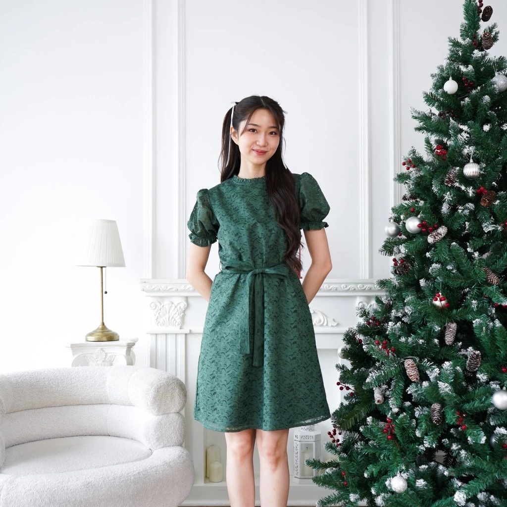 ULTRAVIOLET Eunmi Lace Dress 351 Dark Green - Baju Terusan Wanita Brukat Natal Gereja Holiday
