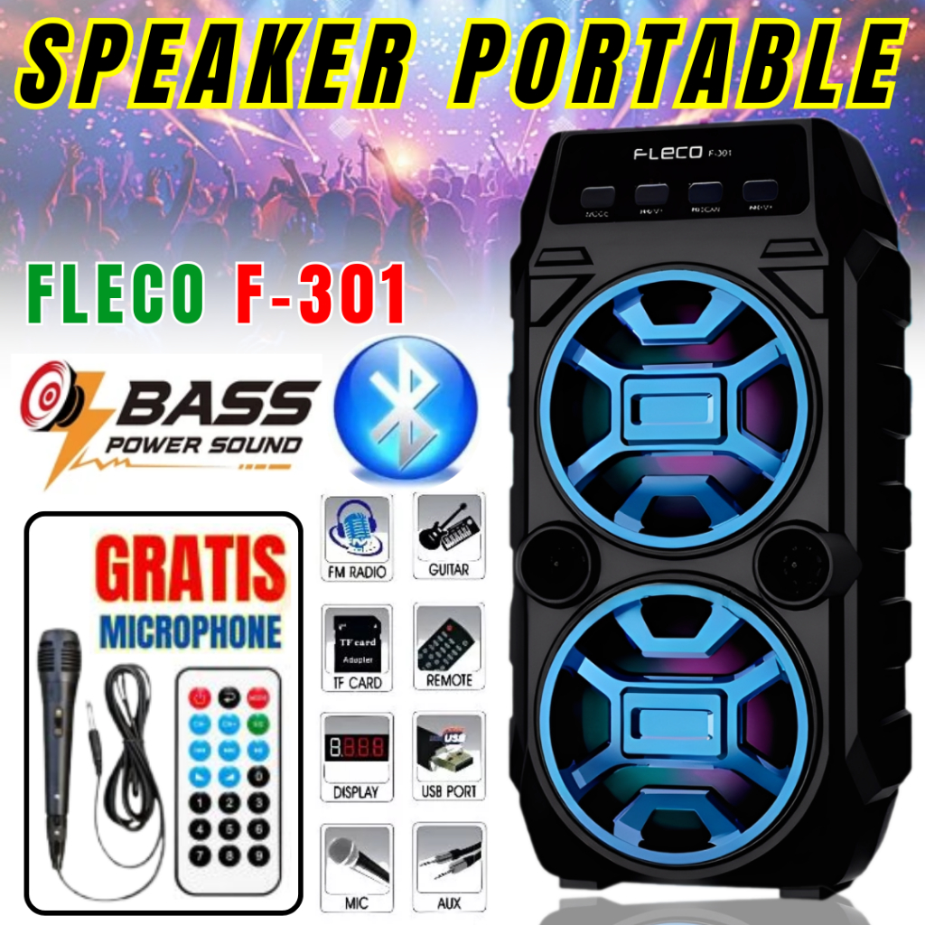 Fleco Speaker Super Bass F-301 Bluetooth Wireless | Speaker + Mic Kabel | Speaker Bluetooth Terbaru 