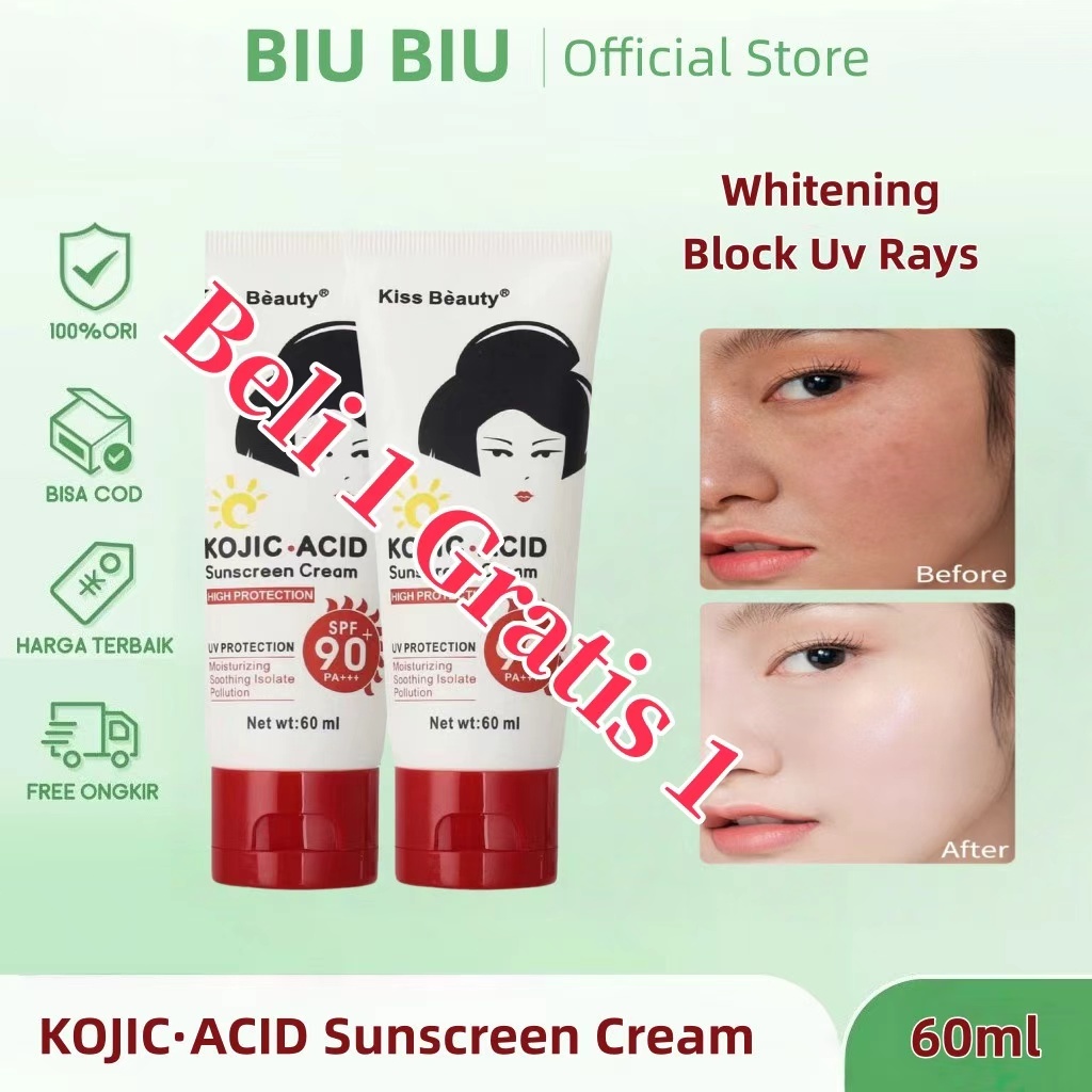 Biu Biu Kojic Acid Sunscreen Spf 90 Pa+++ Sunblock Tabir Surya Pemutih Wajah Dan Badan Sunscreen Fad