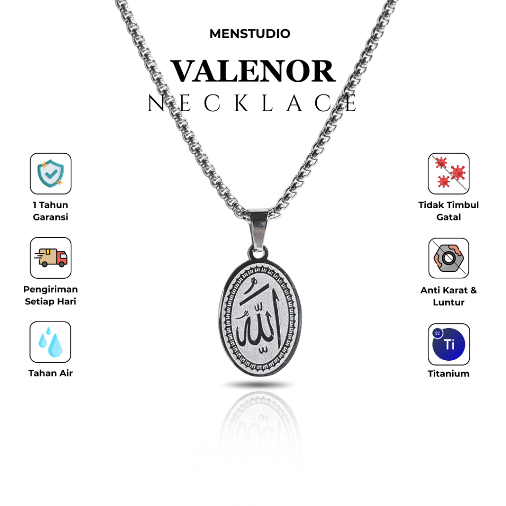 MENSTUDIO - Kalung Pria Lafadz Allah Titanium Anti Karat Luntur Premium Silver -Valenor