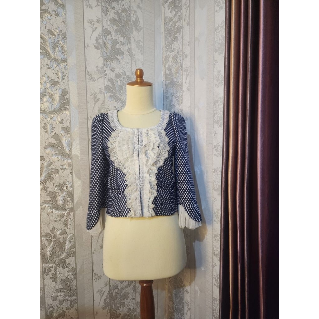 Blazer Tweed Crop Renda HS Biru Navy