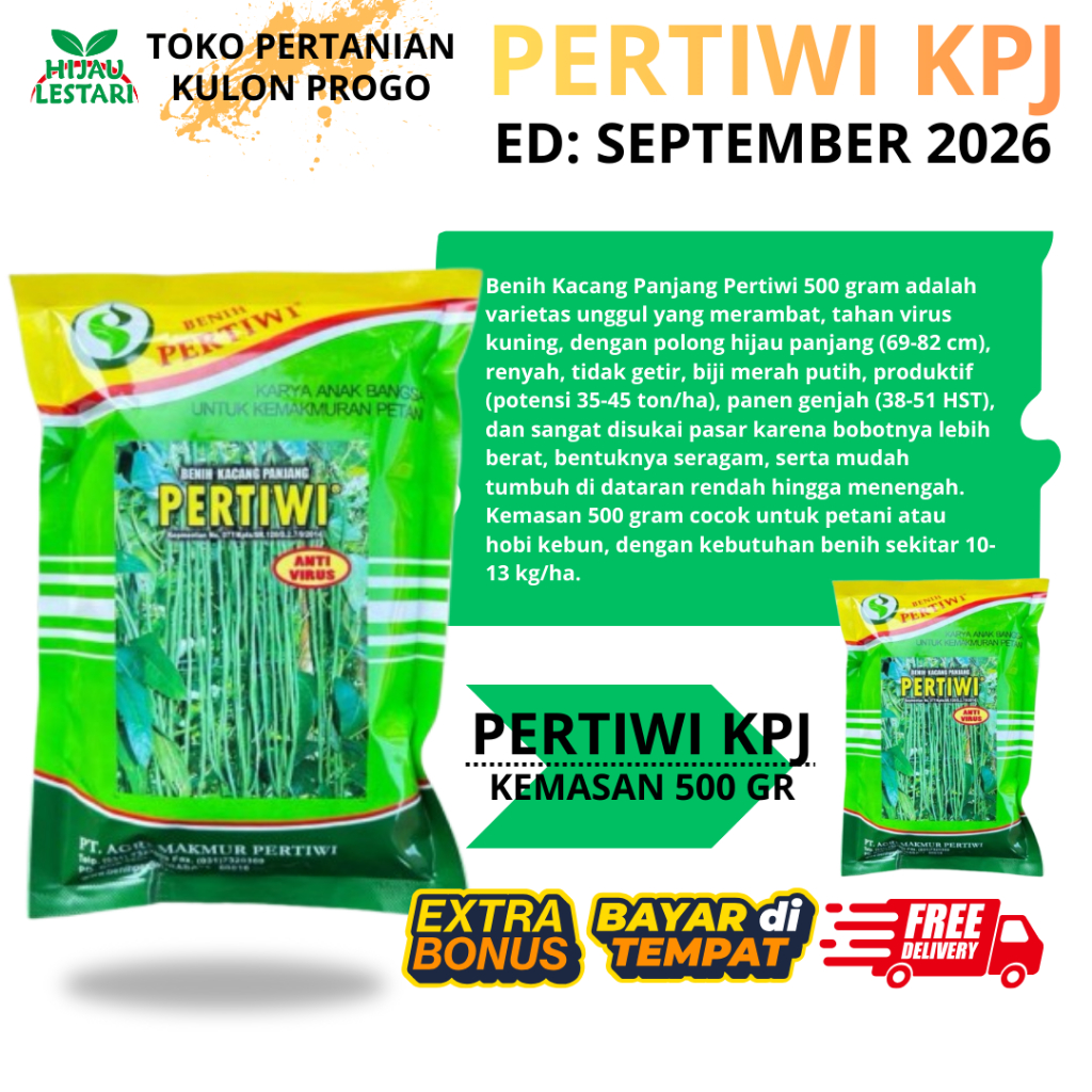 Benih Kacang Panjang EX SEPTEMBER 2026 Unggul PERTIWI KPJ ORIGINAL - 500 Gram Cap Benih Pertiwi