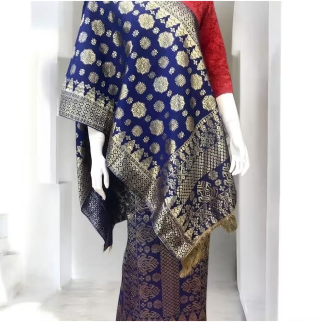 songket palembang biru emas siap pakai