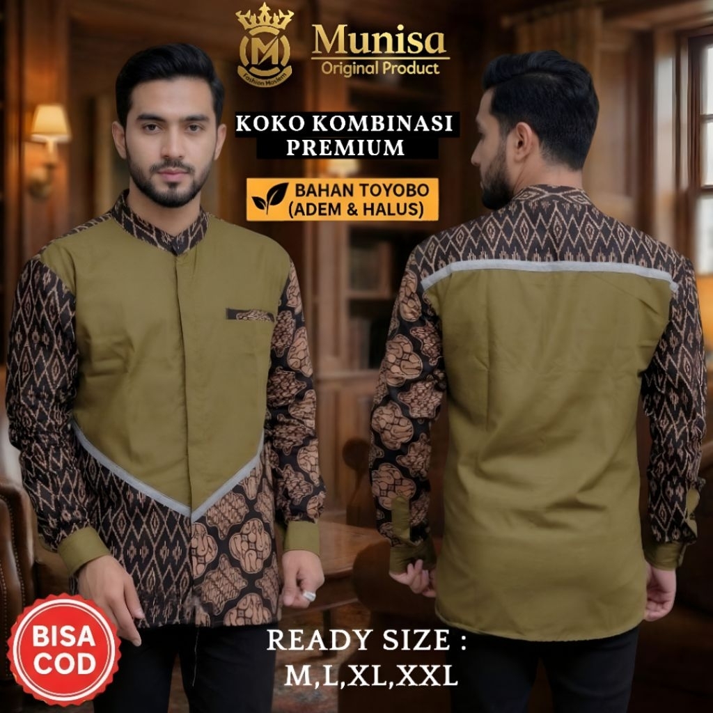 Baju Koko pria lengan panjang/ baju Koko kombinasi batik terbaru/ baju Koko lengan panjang motif M L