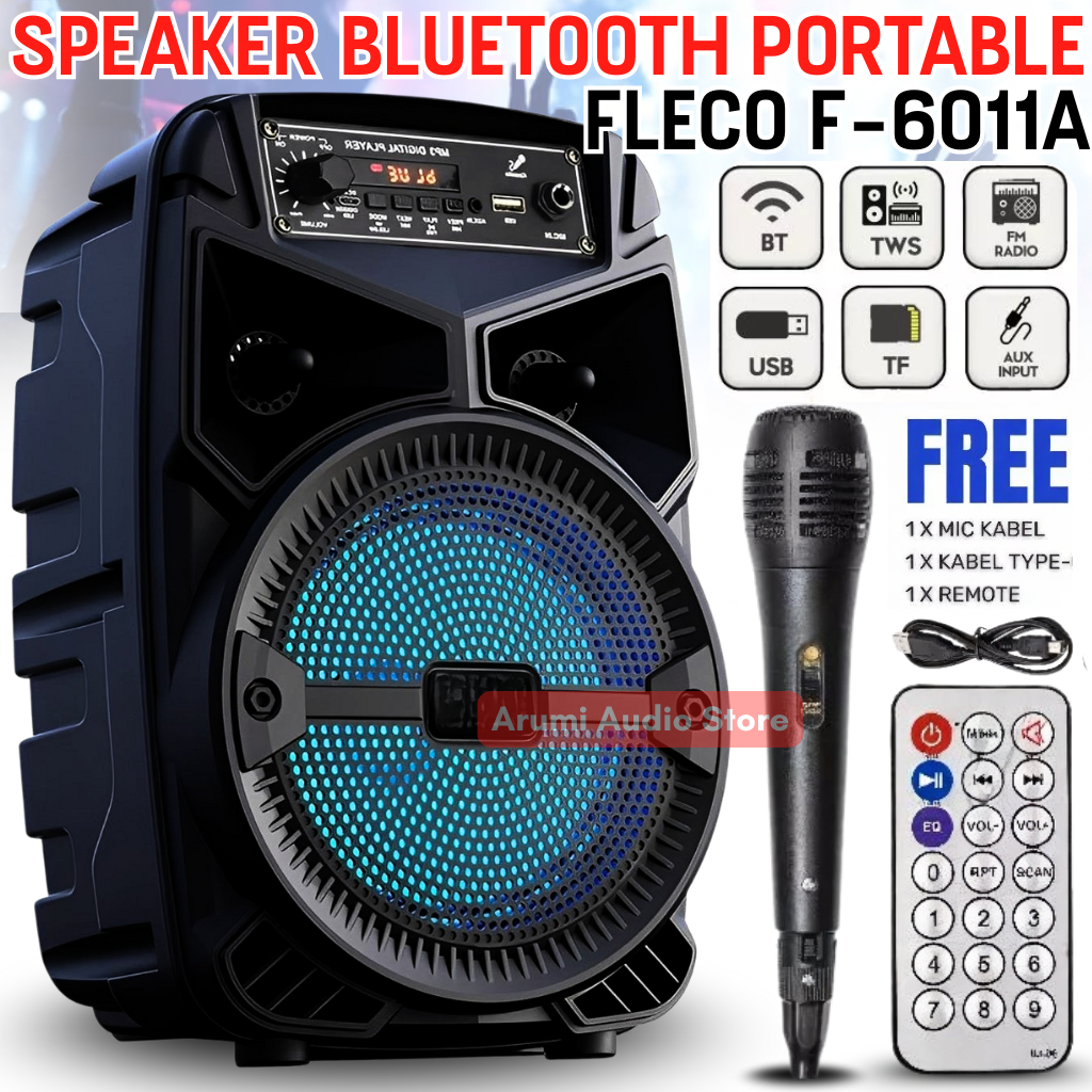 Speaker Portable Bluetooth Fleco F 6011A Super Bass Karaoke 6,5 INCH dengan Free Mic Kabel Karaoke &