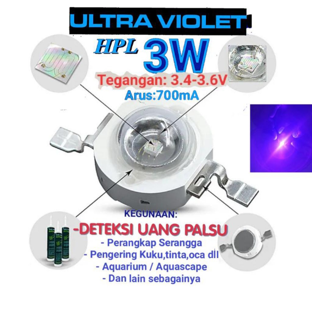 Led 3W ULTRA VIOLET, HPL UV DETEKSI UANG PALSU DC 3.4-3.6V