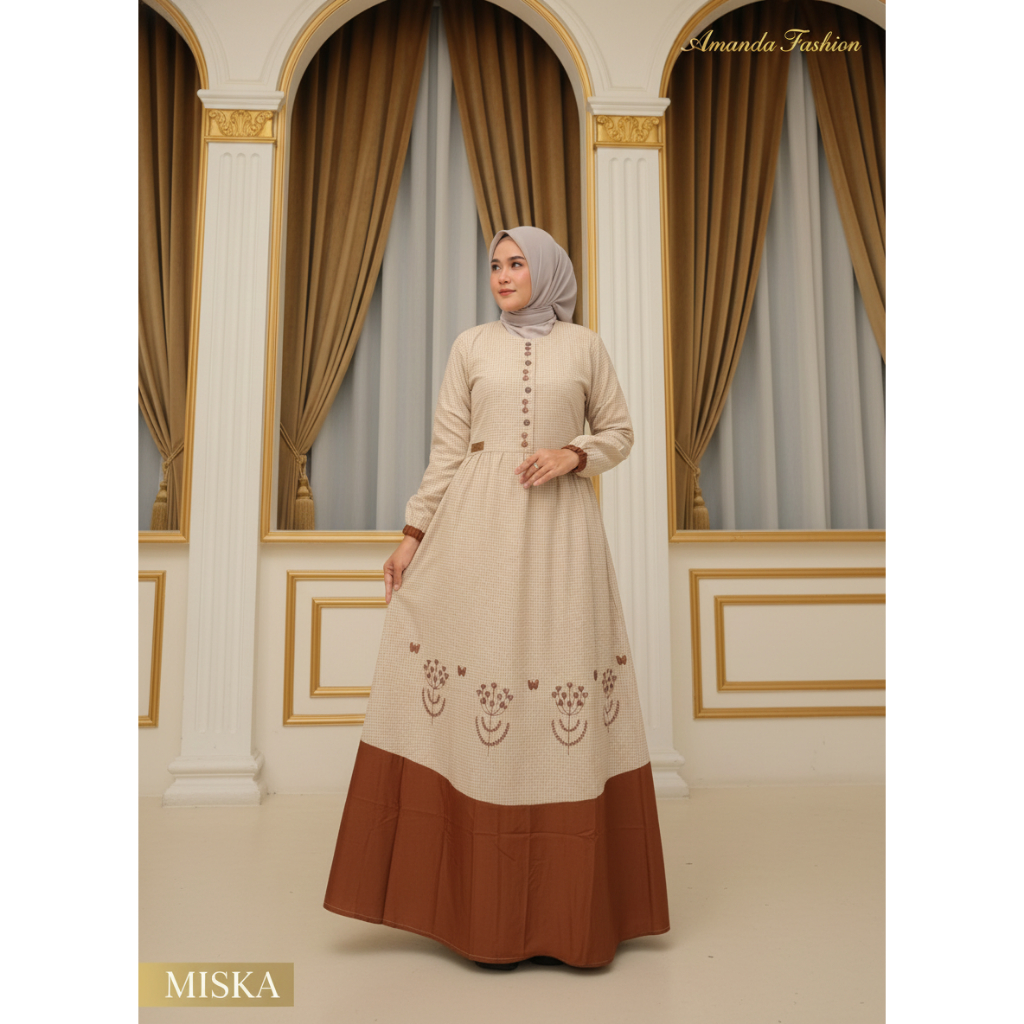 Gamis Amanda Miska Katun Haruka Motif Kotak Mix Rayon Twill Premium Bordir
