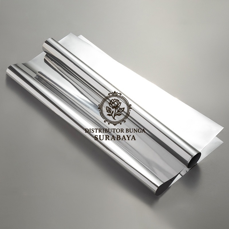 1 PACK ISI 20 LEMBAR, 1 ROLL 56CM X 10 YARD, KERTAS BUNGA SILVER FILM KOREAN STYLE KACA GLOSSY KILAP