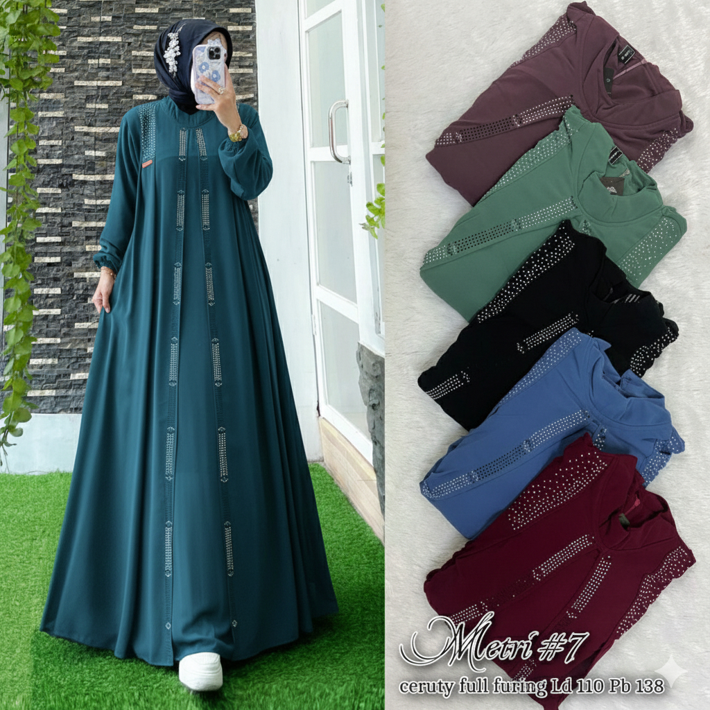 Gamis Wanita Modern Sabrina Dress Desain Mewah Bahan Ceruty Babydol Mix Swarovski Warna Emerald Blue