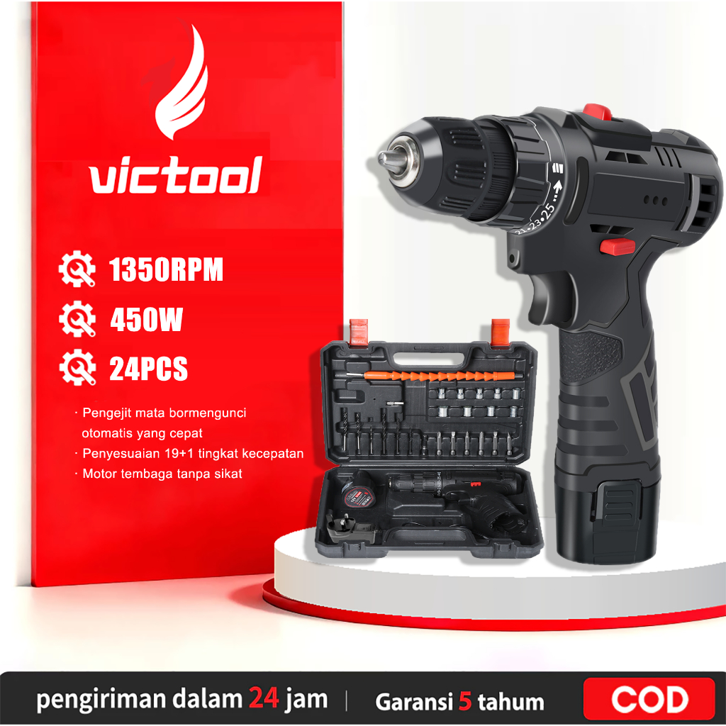 Victool bor baterai Bor tangan portable Tanpa Kabel Alat Rumah Tangga Bor Pistol Multifungsi Baterai