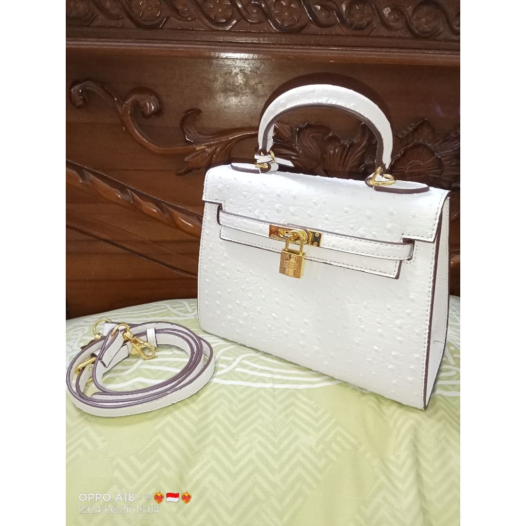tas Kelly Sling bag putih bahan croco kulit
