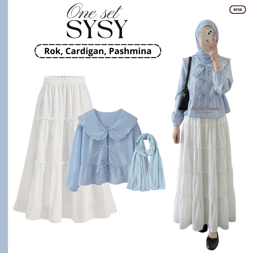 One Set Cardigan Korean Style | Rok Susun, Outer Elea, Pashmina Baby Blue | Setelan Wanita Kekinian 