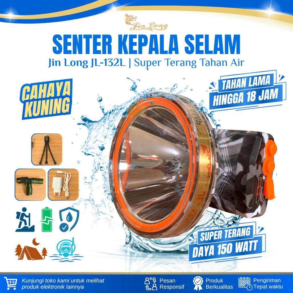 Senter Kepala LED 150 Watt Jin Long JL-132L Putih Battery Lithium Lampu Gunung Senter Camping - SENT