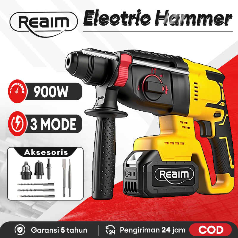 Reaim 3 MODE Cordless Brushless Electric Hammer Rechargeable Rotary Impact Drill Portable Powertool 