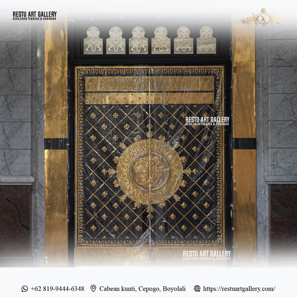 Pintu Nabawi Custom Kayu Jati Kuningan 220cmx400cm | Aksesoris masjid | Pintu Masjid | Pintu Jati