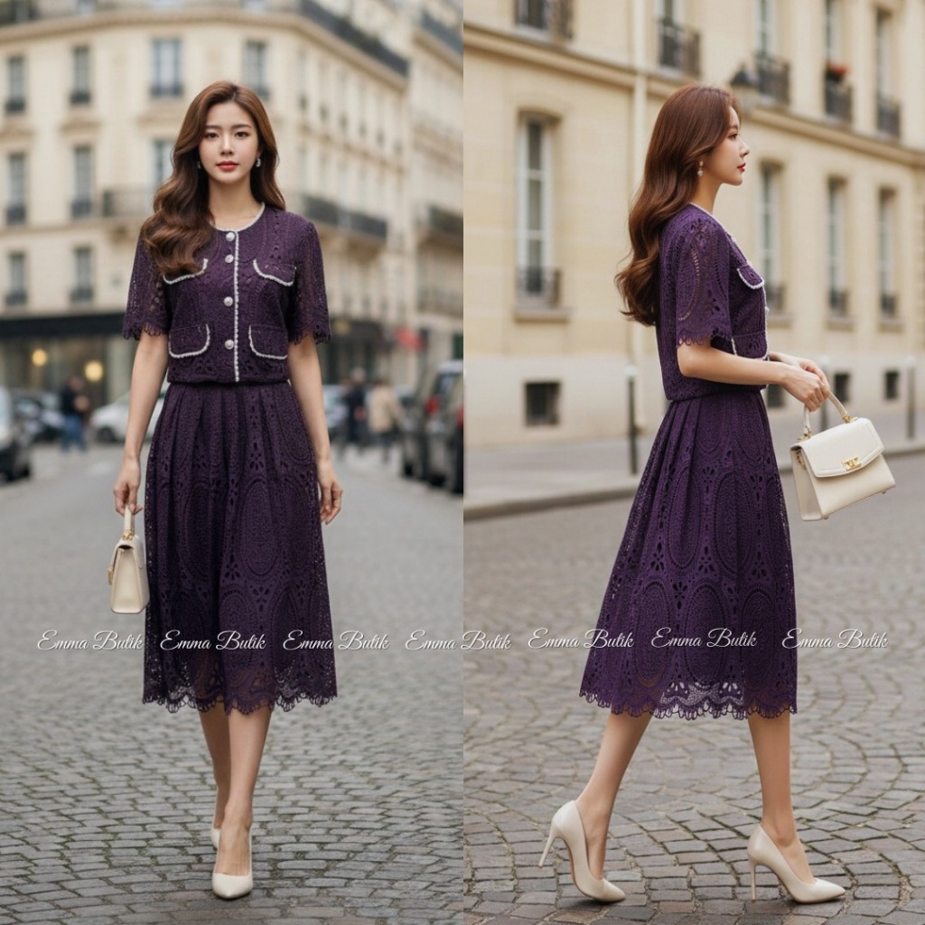 Emma.Butik E00560 Setelan Brokat Rok Ungu Paskah Setrok Midi Wanita Pesta Lengan Pendek Wisuda Remaj