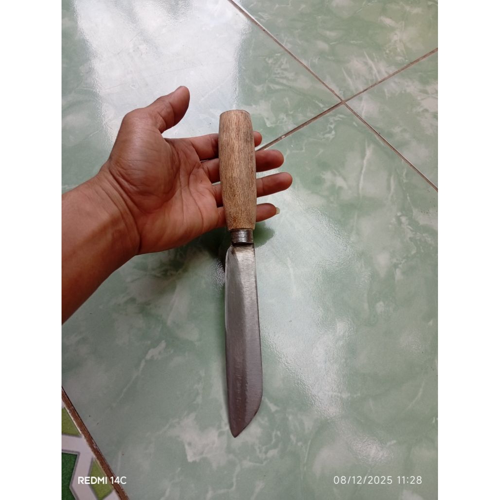 Pisau belati tanggung gagang kayu, besi baja