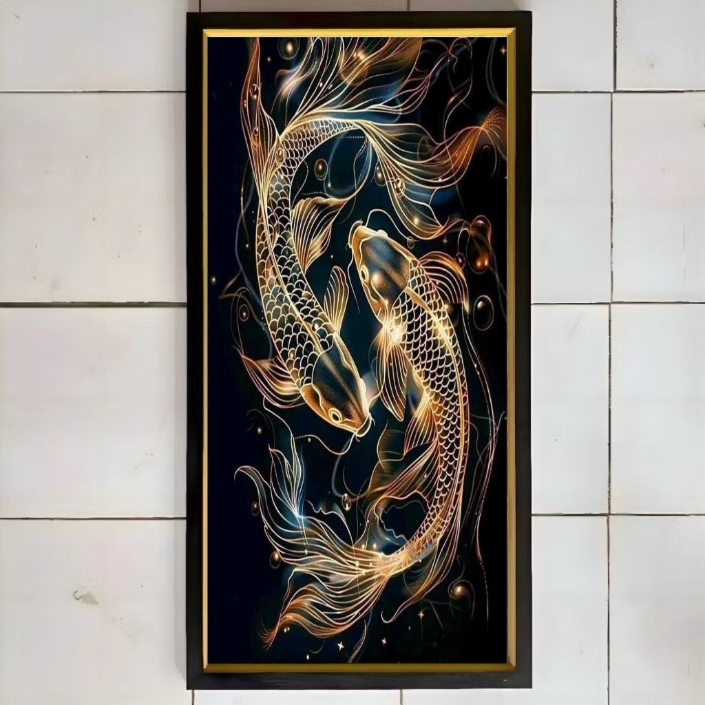 Lukisan murah hiasan dinding Pigura Lukisan cetak plus bingkai siap pasang gambar Ikan Koi  COD